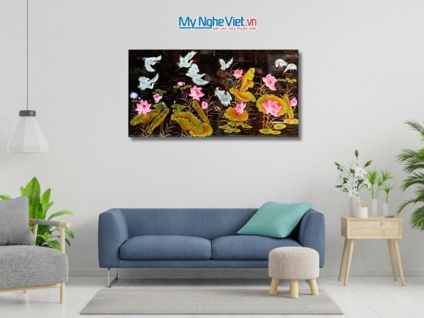 Bộ Tranh Sơn Mài Cò Sen Cát Tường Đắp Nổi