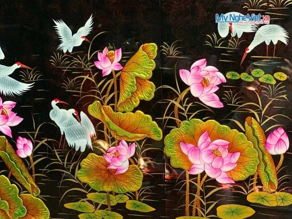Bộ Tranh Sơn Mài Cò Sen Cát Tường Đắp Nổi