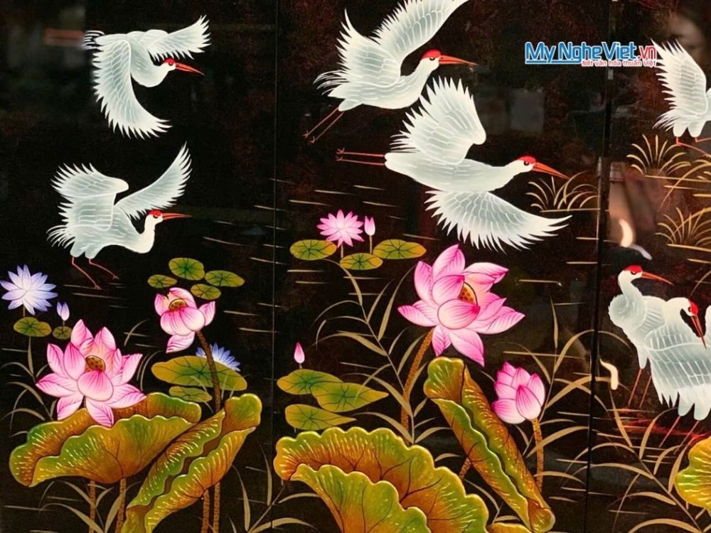 Bộ Tranh Sơn Mài Cò Sen Cát Tường Đắp Nổi
