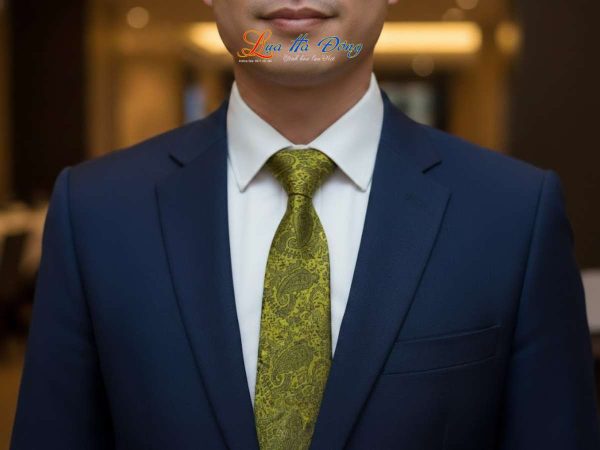 Cravat lụa tơ tằm họa tiết đuôi công vàng MNV-CRV67