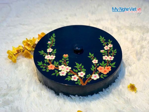 Hộp Mứt Tết Sơn Mài Lam Ngọc Mai Chi 4 Ngăn Nền Xanh