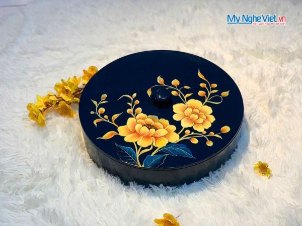 Hộp Mứt Tết Sơn Mài Mẫu Đơn Vinh Hoa 4 Ngăn Nền Xanh