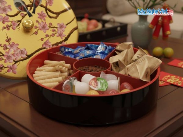 Hộp Mứt Tết Sơn Mài 5 Ngăn Vẽ Hoa Đào Chim Sơn Ca Ruột Đỏ