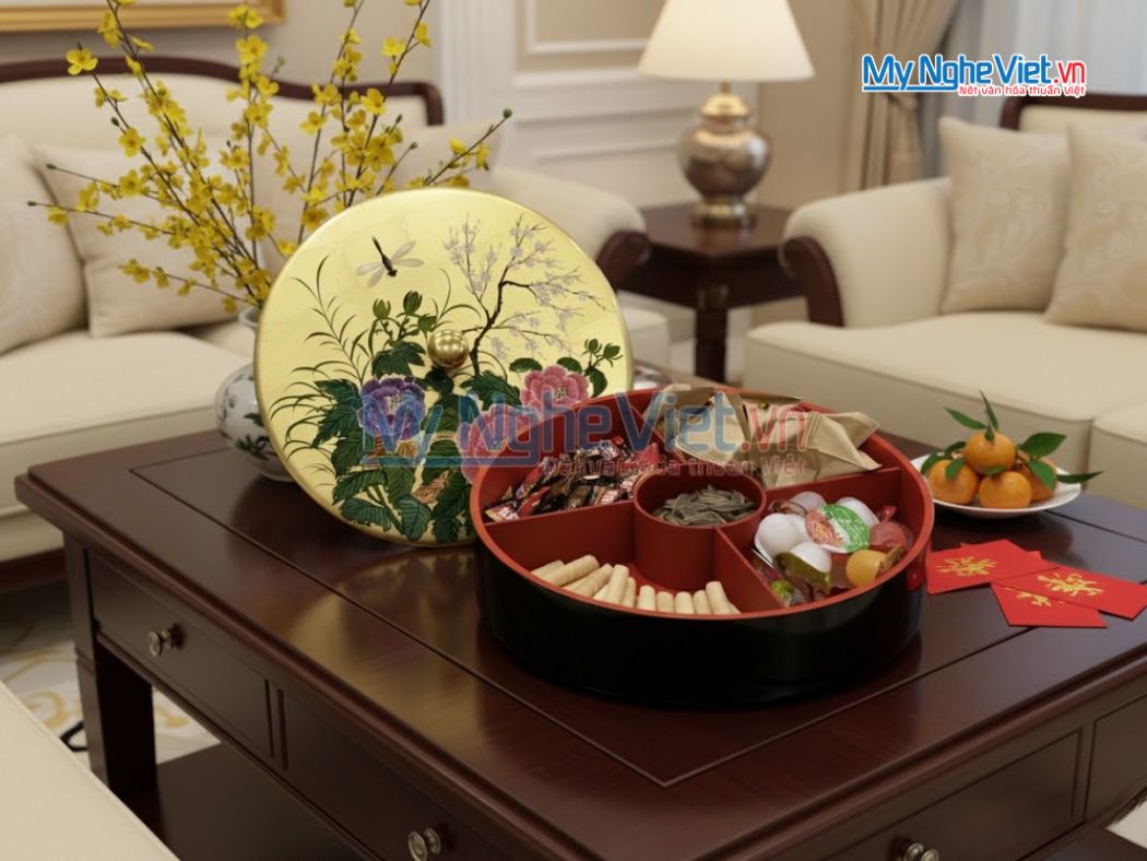 Hộp Mứt Tết Sơn Mài 5 Ngăn Vẽ Hoa Mẫu Đơn Ruột Đỏ