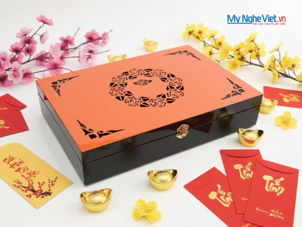 Hộp Mứt Tết Sơn Mài 6 Ngăn Có Khóa Màu Cam