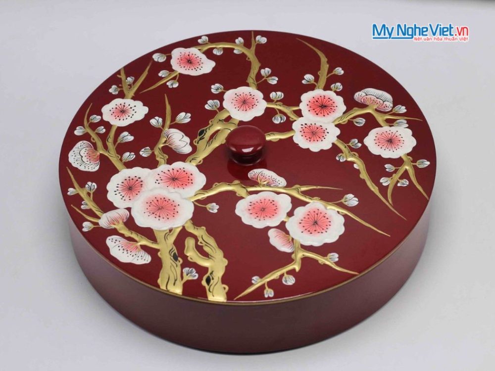Hộp Mứt Tết Sơn Mài Tròn Họa Tiết Hoa Vẽ Nổi