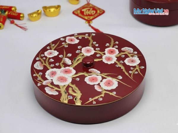 Hộp Mứt Tết Sơn Mài Tròn Họa Tiết Hoa Vẽ Nổi
