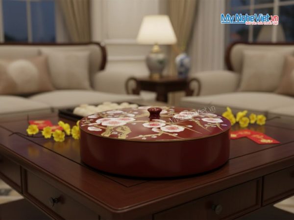 Hộp Mứt Tết Sơn Mài Tròn Họa Tiết Hoa Vẽ Nổi