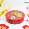 Hộp Mứt Tết Sơn Mài Tròn Nền Đỏ Hoa Sen Cẩn Trai