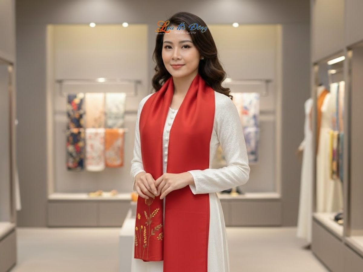 Khăn lụa đũi thêu tay đỏ Lụa Hà Đông 45x180 LNLT45180/3