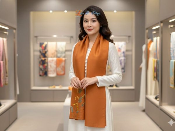 Khăn lụa đũi thêu tay nâu Lụa Hà Đông 45x180 LNLT45180/4