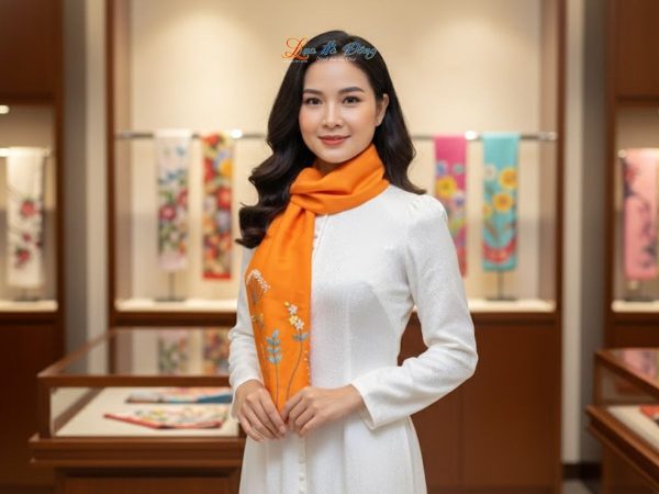 Khăn lụa đũi thêu tay cam Lụa Hà Đông 45x180 LNLT45180/2