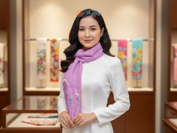 Khăn lụa đũi thêu tay tím Lụa Hà Đông 45x180 LNLT45180/1