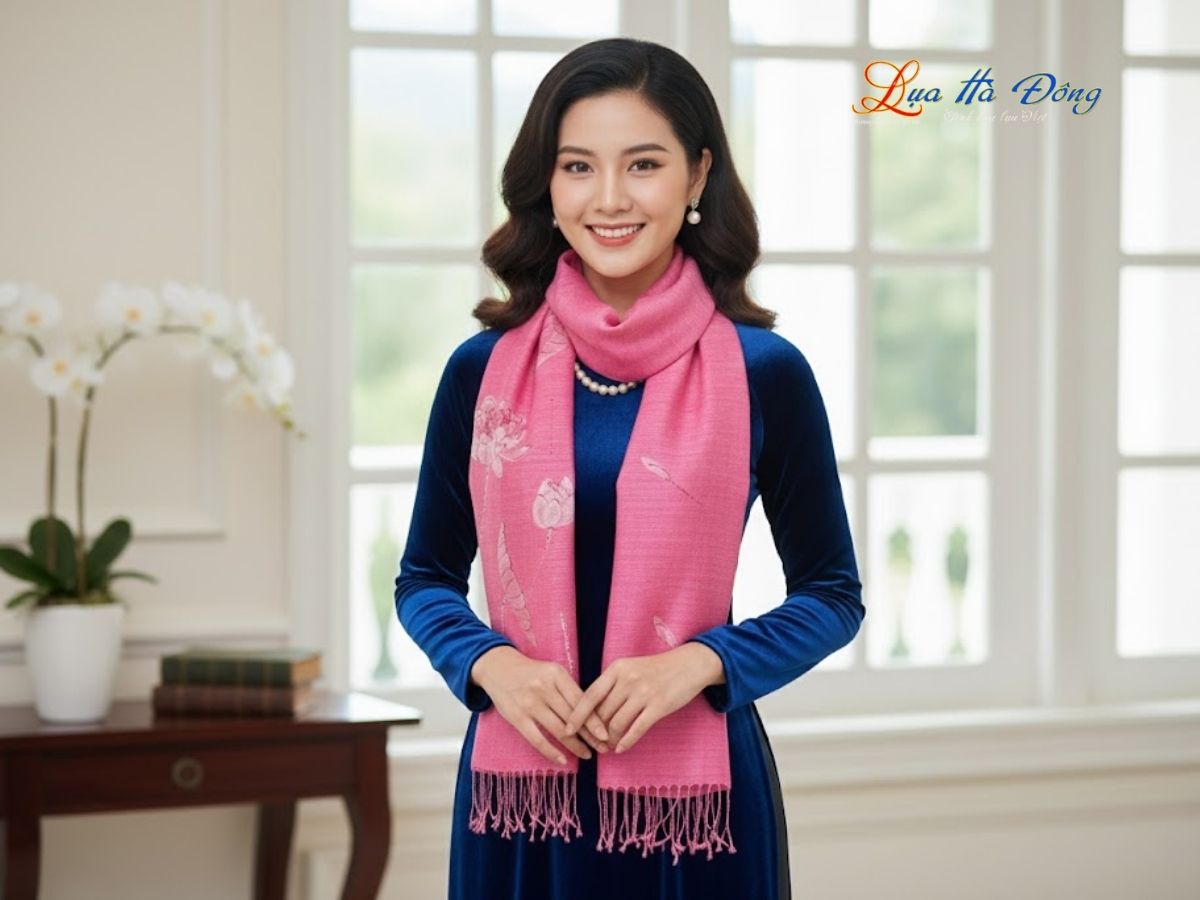 Khăn lụa Đũi hồng vẽ sen 100% silk 80x180 tua rua KLTA80180/1