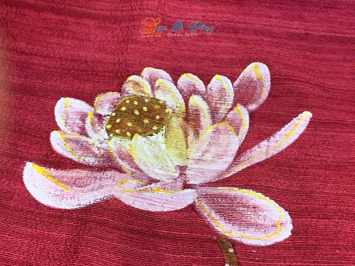 Khăn lụa Đũi đỏ mận vẽ sen 100% silk 80x180 tua rua KLTA80180/8 - Ảnh 5