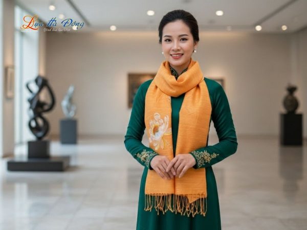 Khăn lụa đũi vẽ tay hoa sen nền cam 65x176cm 100% silk KLTA617-10