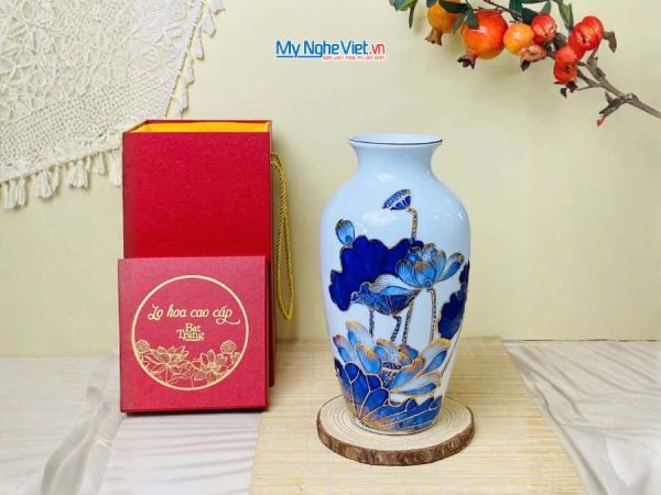 Bình hoa gốm bát tràng vẽ vàng kim hoa sen đắp nổi cao cấp
