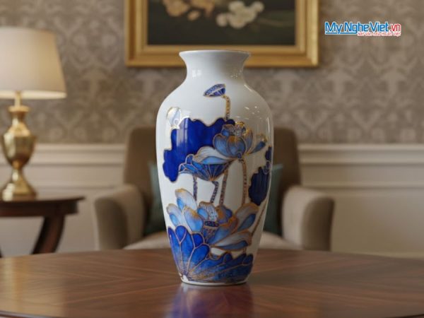 Bình hoa gốm bát tràng vẽ vàng kim hoa sen đắp nổi cao cấp