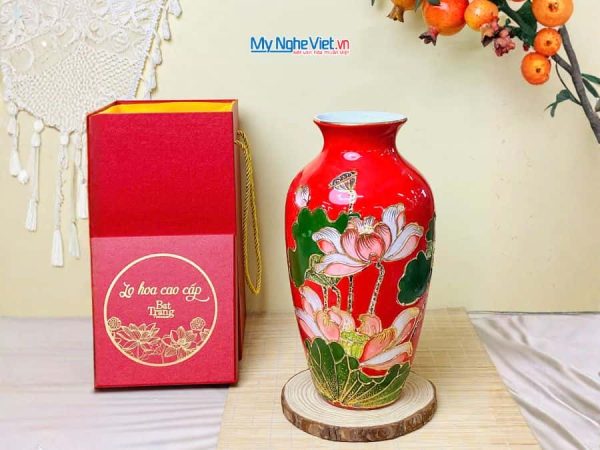 Bình hoa gốm bát tràng vẽ vàng kim hoa sen đắp nổi cao cấp