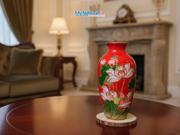 Bình hoa gốm bát tràng vẽ vàng kim hoa sen đắp nổi cao cấp