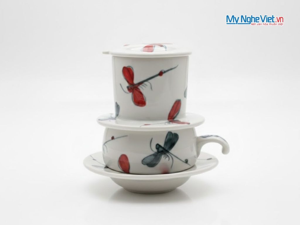 Phin cà phê gốm thấp vẽ chuồn kim đen đỏ