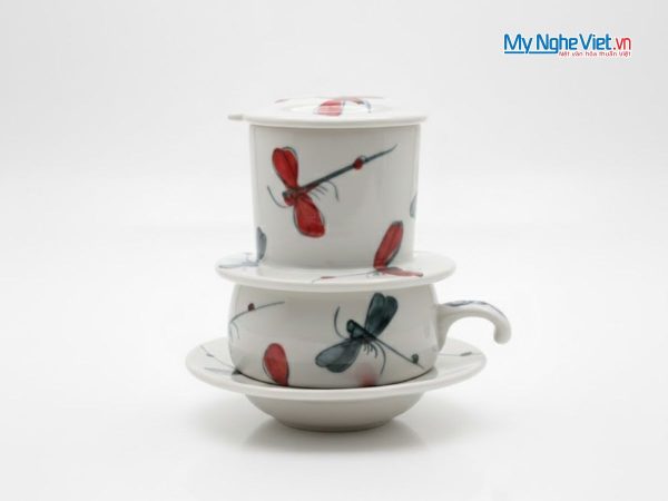 Phin cà phê gốm thấp vẽ chuồn kim đen đỏ