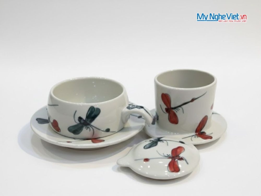 Phin cà phê gốm thấp vẽ chuồn kim đen đỏ