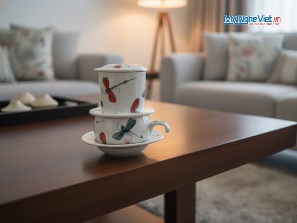 Phin cà phê gốm thấp vẽ chuồn kim đen đỏ
