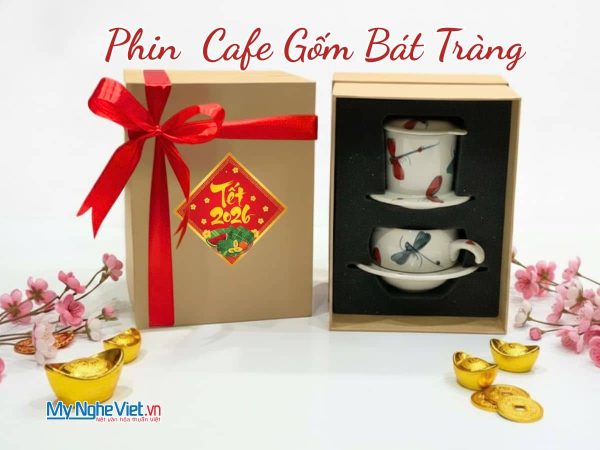 Bộ quà tặng Phin cà phê thấp vẽ chuồn kim đen đỏ và hộp quà tặng cao cấp