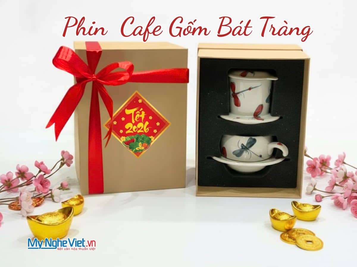 Bộ quà tặng Phin cà phê thấp vẽ chuồn kim đen đỏ và hộp quà tặng cao cấp