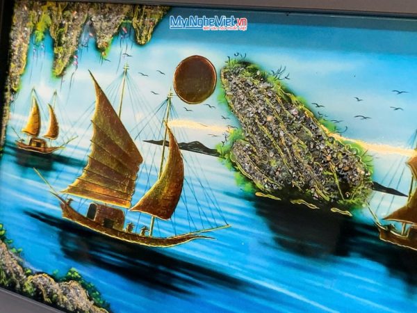 Tranh Sơn Mài Phong Cảnh Vịnh Hạ Long Nền Xanh