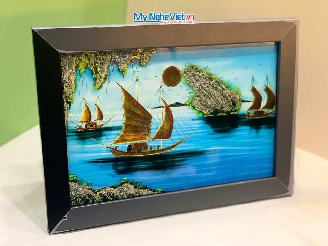 Tranh Sơn Mài Phong Cảnh Vịnh Hạ Long Nền Xanh