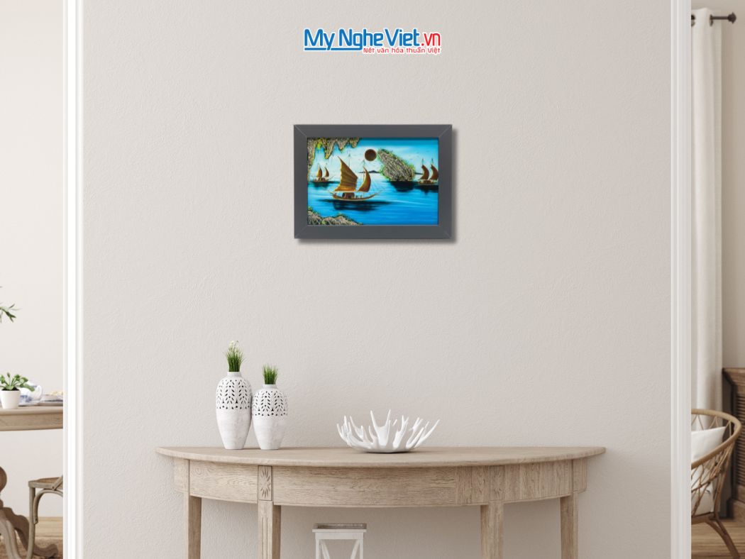 Tranh Sơn Mài Phong Cảnh Vịnh Hạ Long Nền Xanh