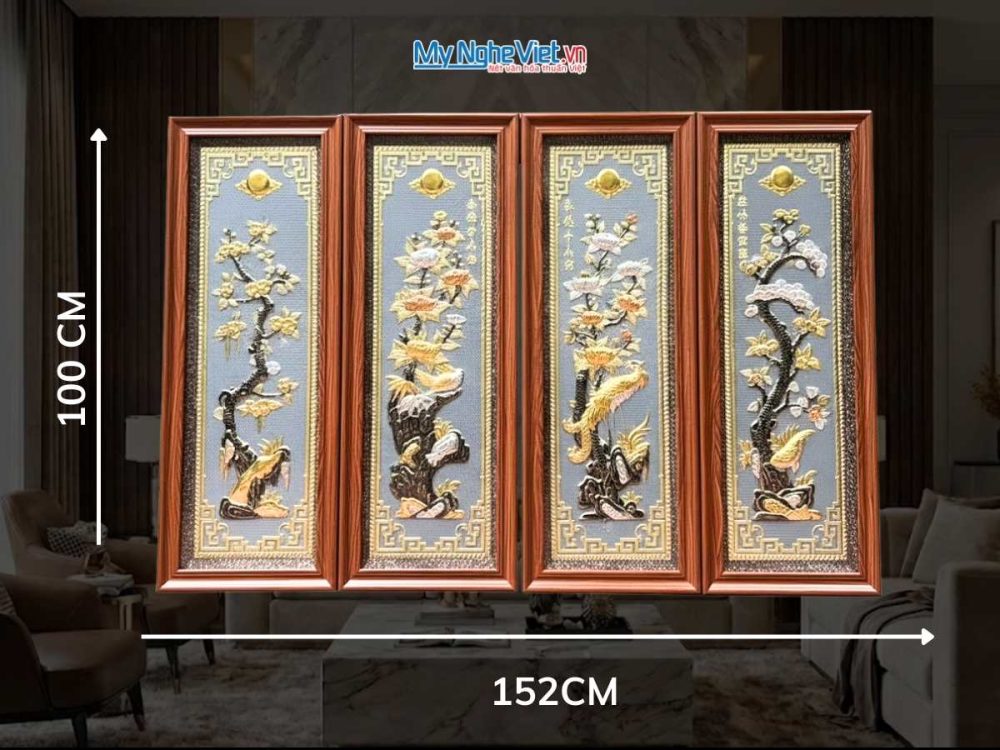 Tranh đồng Đại Bái Dát Vàng Điểm Tứ Quý Tùng Cúc Trúc Mai (HĐ)