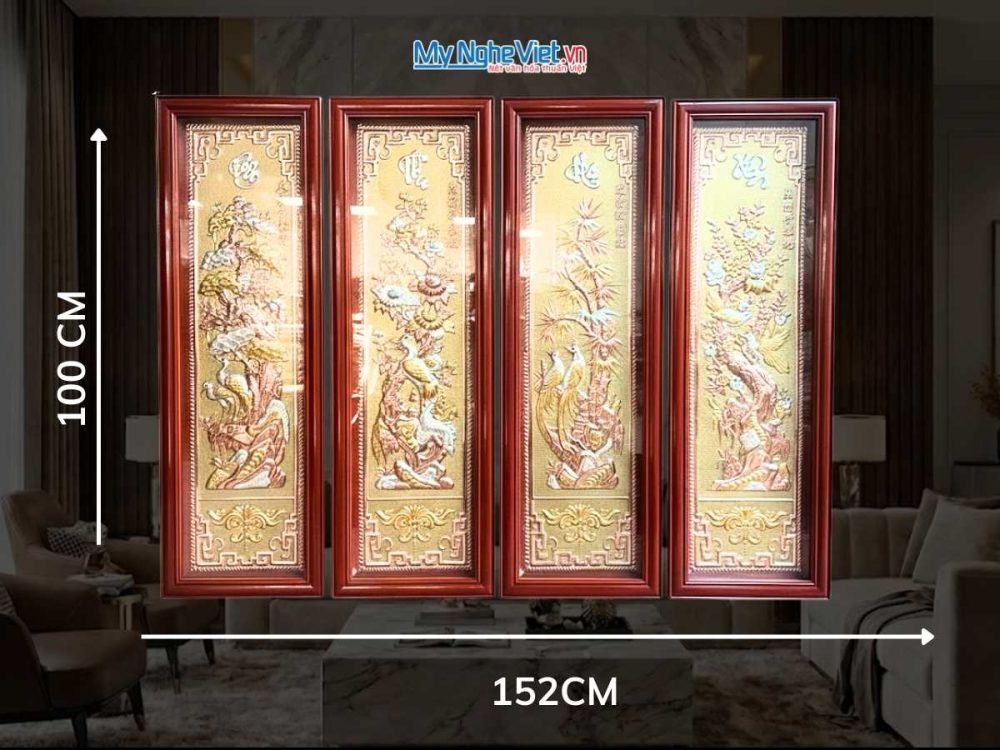 Tranh đồng Đại Bái Dát Vàng Điểm Tứ Quý Tùng Cúc Trúc Mai (HĐ)