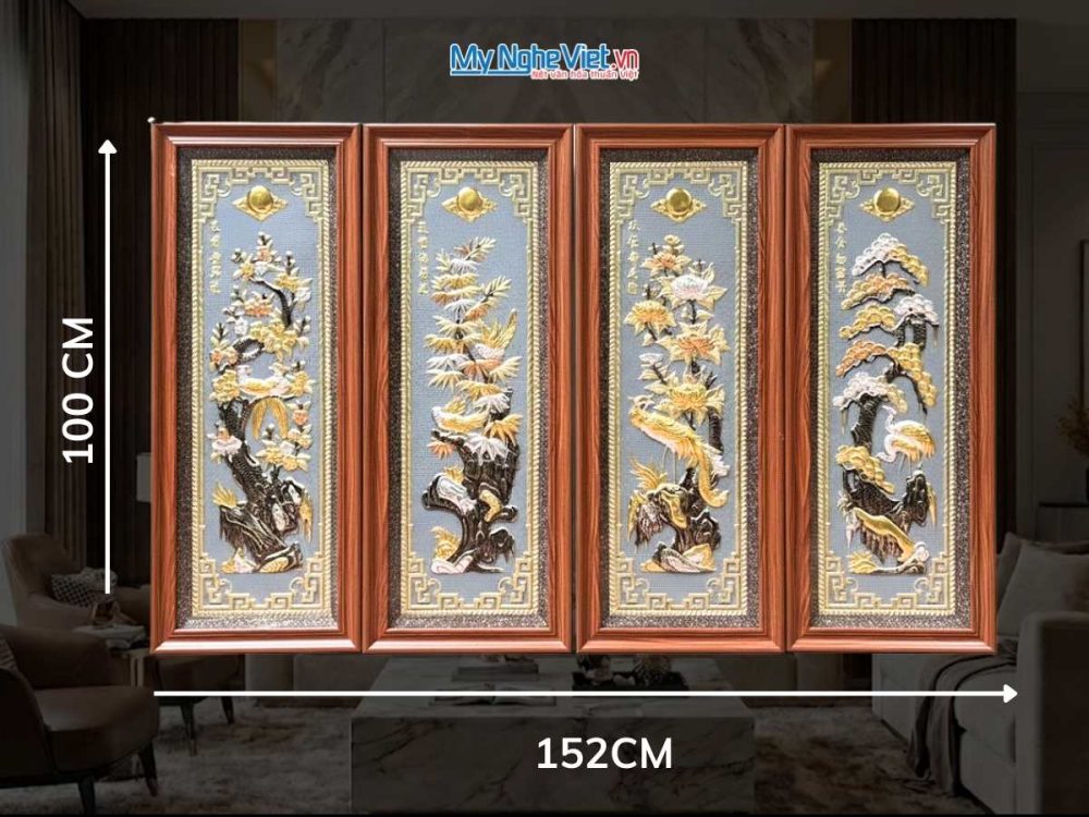 Tranh đồng Đại Bái Dát Vàng Điểm Tứ Quý Tùng Cúc Trúc Mai (HĐ)