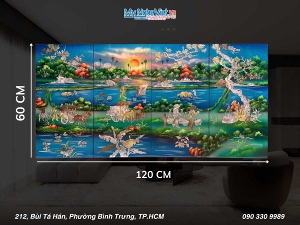Bộ Tranh Sơn Mài Đồng Quê Cẩn Ốc Nổi Nền Xanh TSM36ĐQ