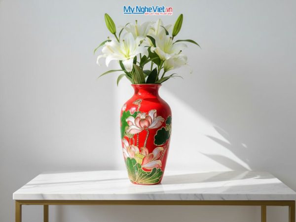 Bình Hoa Gốm Bát Tràng Hoa Sen Đắp Nổi Cao Cấp