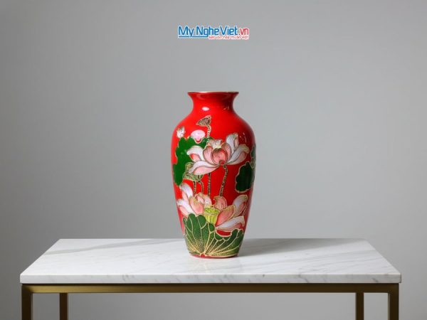 Bình Hoa Gốm Bát Tràng Hoa Sen Đắp Nổi Cao Cấp