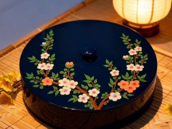 Hộp Mứt Tết Sơn Mài Lam Ngọc Mai Chi 4 Ngăn Nền Xanh