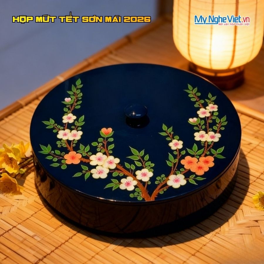 Hộp Mứt Tết Sơn Mài Lam Ngọc Mai Chi 4 Ngăn Nền Xanh