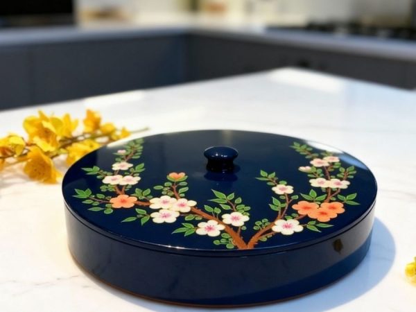 Hộp Mứt Tết Sơn Mài Lam Ngọc Mai Chi 4 Ngăn Nền Xanh