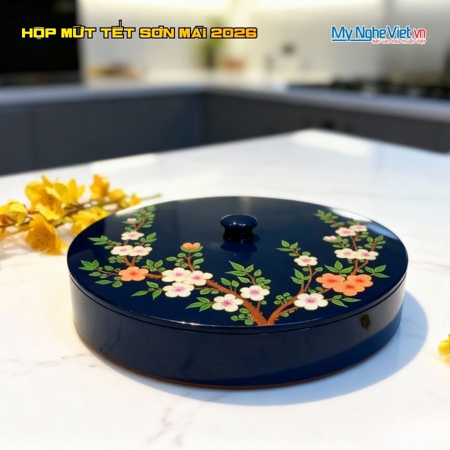 Hộp Mứt Tết Sơn Mài Lam Ngọc Mai Chi 4 Ngăn Nền Xanh