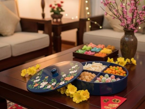 Hộp Mứt Tết Sơn Mài Lam Ngọc Mai Chi 4 Ngăn Nền Xanh