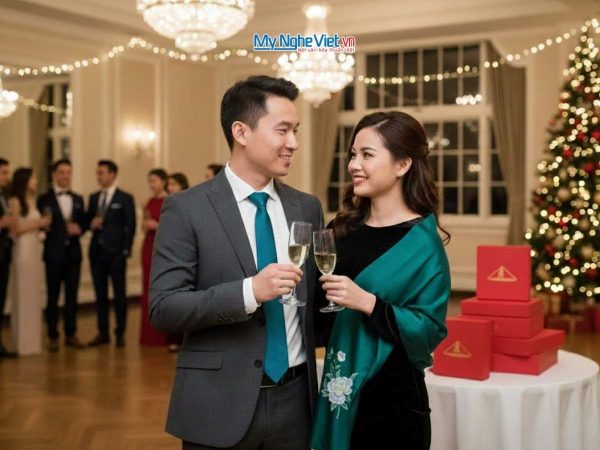 Set quà giáng sinh: Khăn lụa và cà vạt lụa tơ tằm - MẪU ĐƠN XANH PHÚ QUÝ