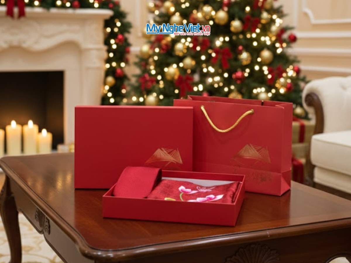 Set quà giáng sinh: Khăn lụa và cà vạt lụa tơ tằm - NOEL SẮC ĐỎ YÊU THƯƠNG - Ảnh 3