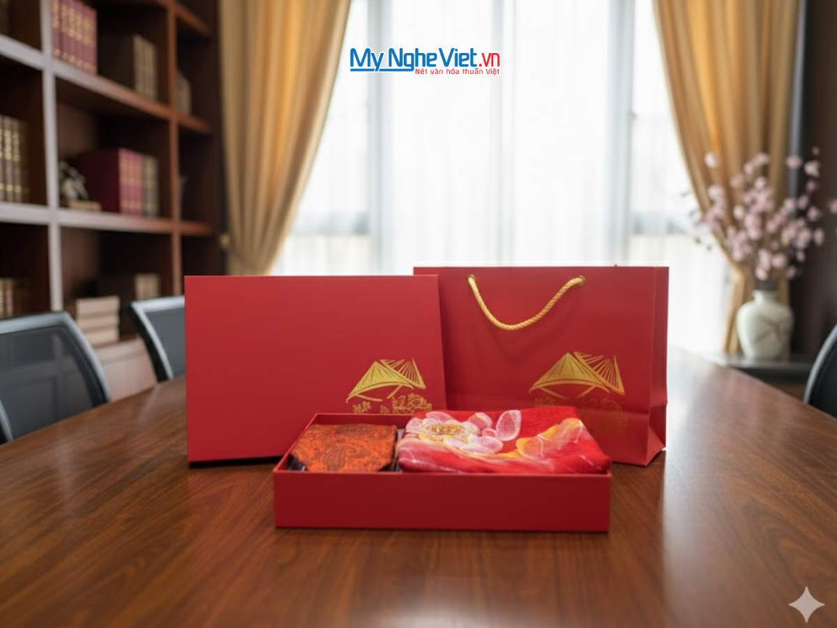 Set quà giáng sinh: Khăn lụa và cà vạt lụa tơ tằm - SEN ĐỎ AN LÀNH - Ảnh 3