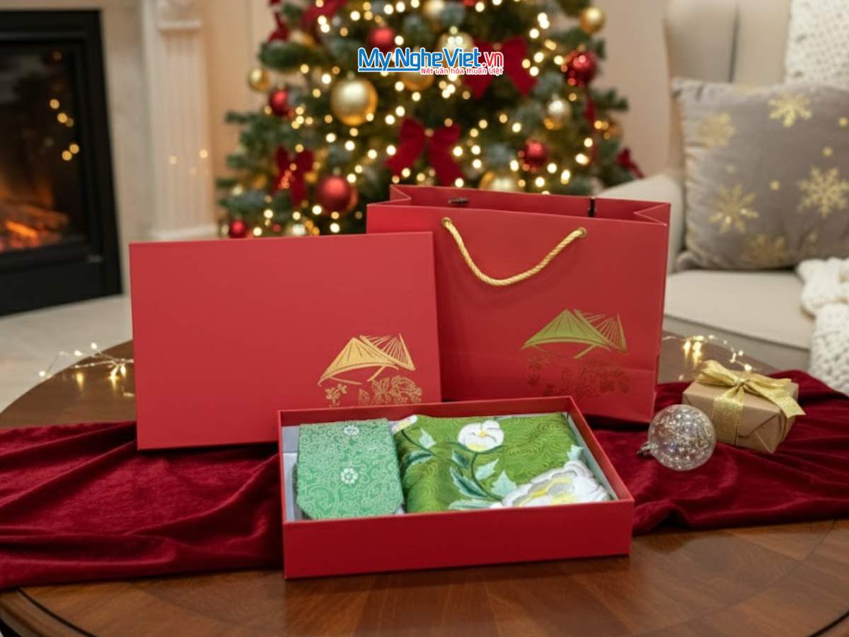 Set quà giáng sinh: Khăn lụa và cà vạt lụa tơ tằm - LỘC XANH MÙA LỄ - Ảnh 3