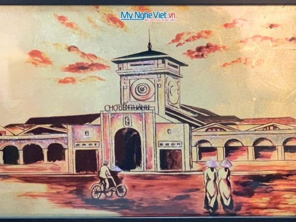 Tranh Sơn Mài Chợ Bến Thành Dát Vàng