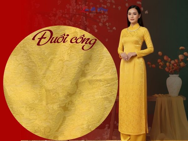 Vải lụa họa tiết đuôi công vàng tươi 3.7m khổ 90 MNV-LTA37/1